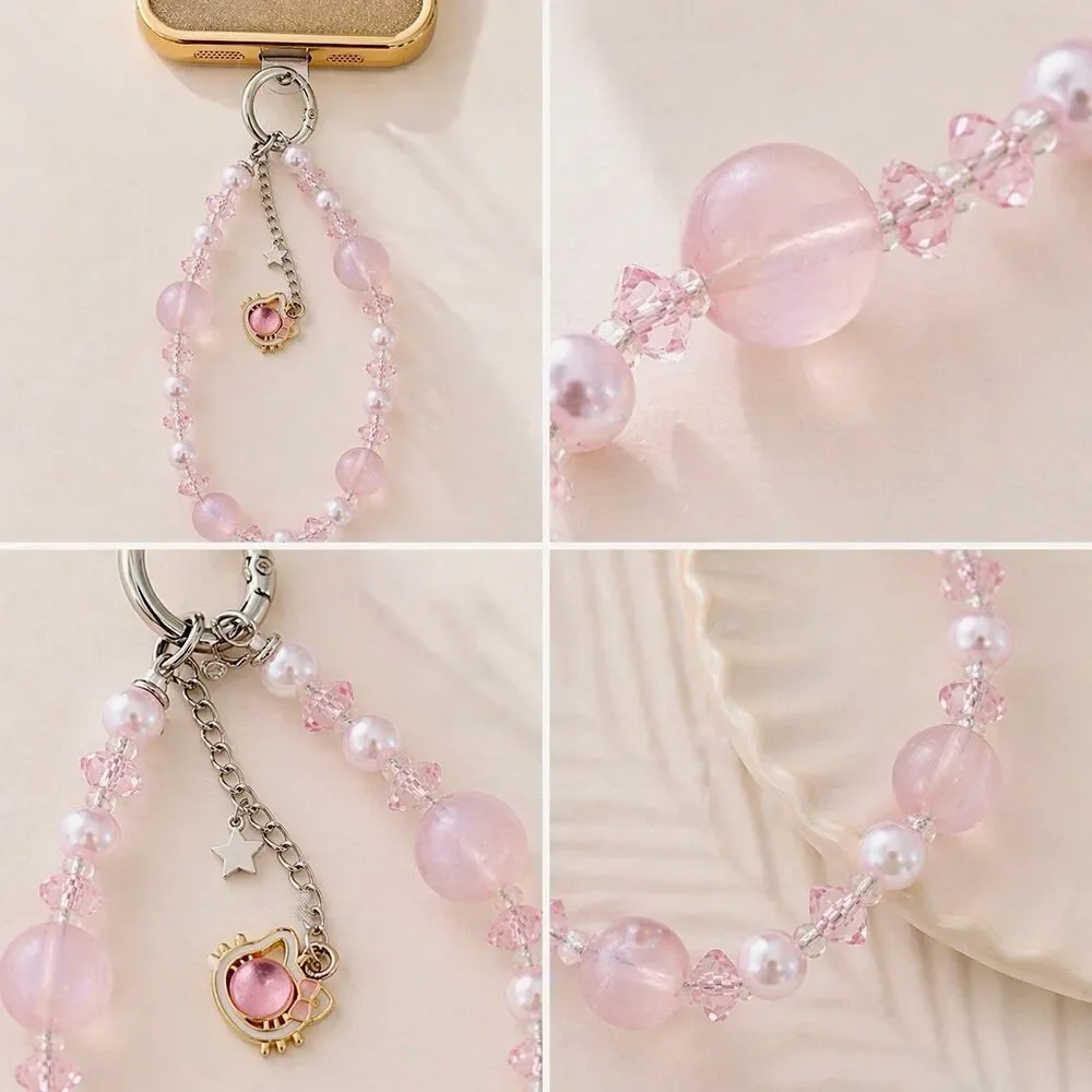 Pink Pearl Beaded Phone Wrist Strap Cute Cat Charm Lanyard Gift Wristlet